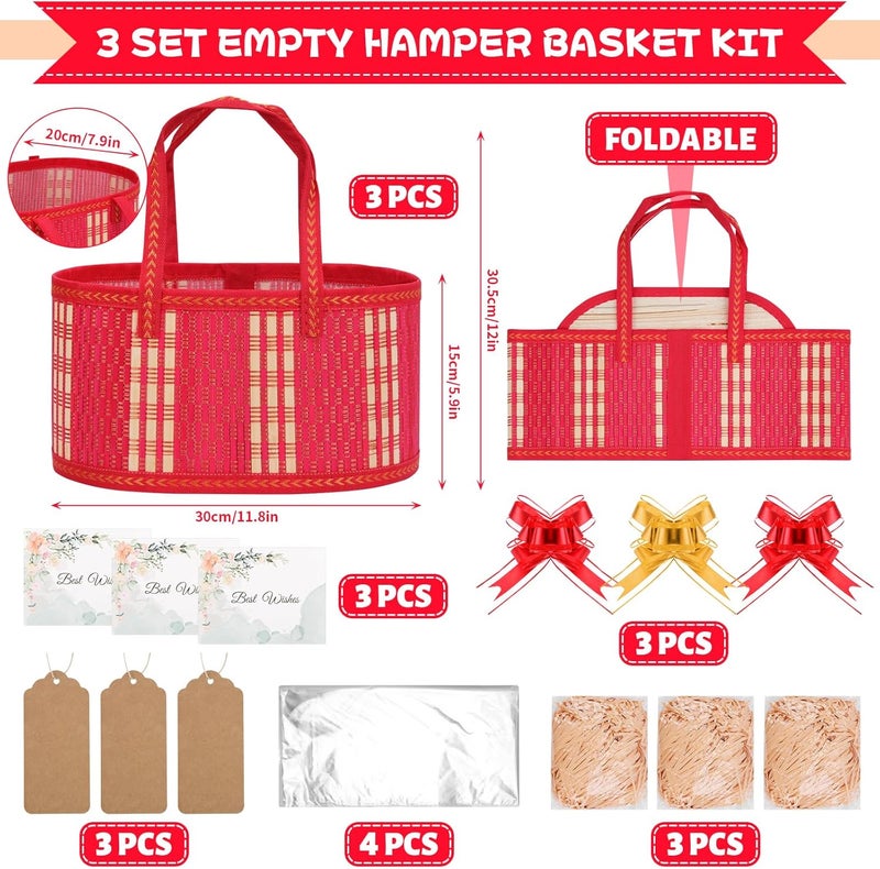 SelfTek 3 Pack Baskets for Gifts Empty, Woven Bamboo G-ift Basket Kit with Wrap Bags, Gift Card, Raffia and Pull Bows, Gifts Baskets for Birthday, Wedding, 30 x 20 x 15 cm-Red - Image 3